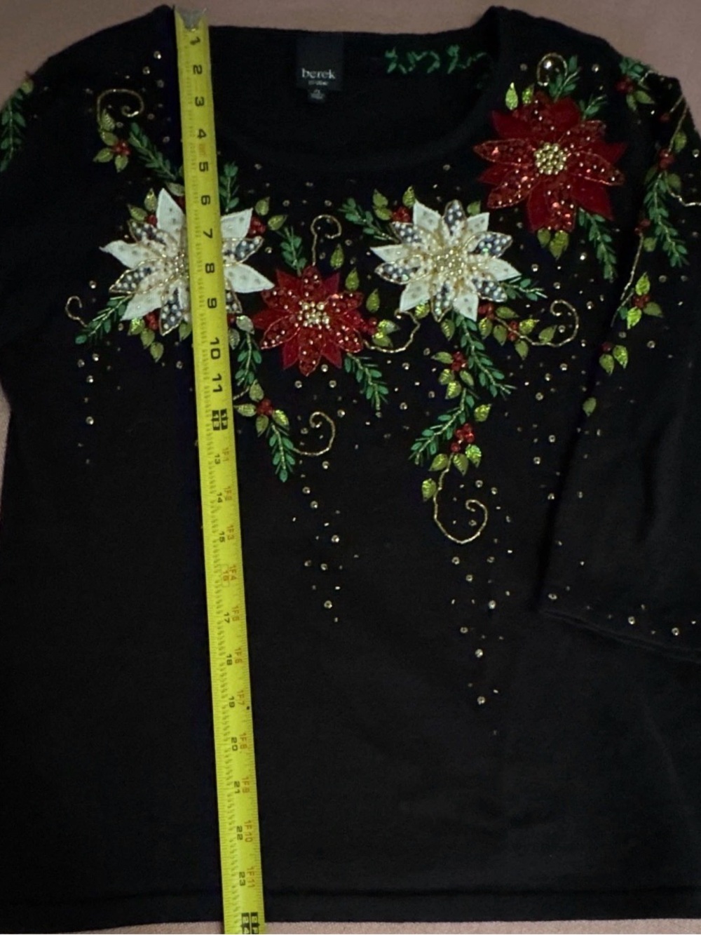 berek Black Embellished Poinsettia Sweater with Red & White Flowers